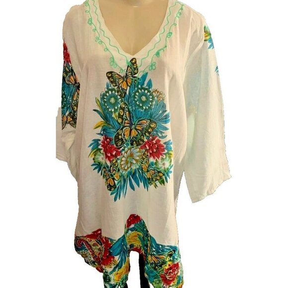 Jackpot Plus XXL White Multi Butterfly Floral V-Neck Cotton 3/4 Sleeve Tunic Top - Picture 2 of 5
